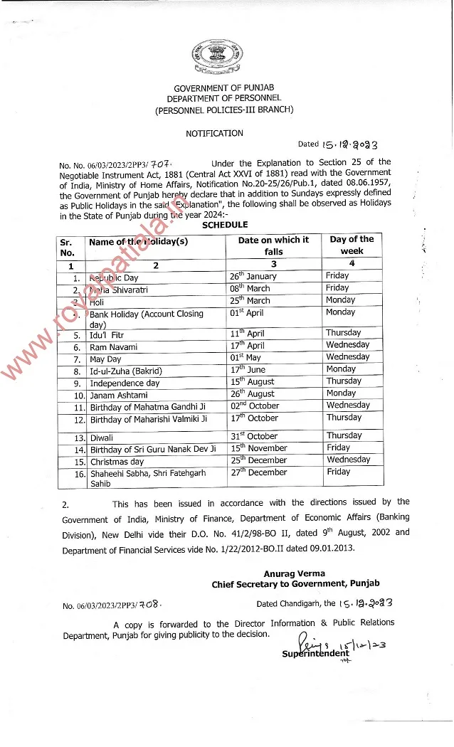 Punjab govt releases 2024 holidays list
