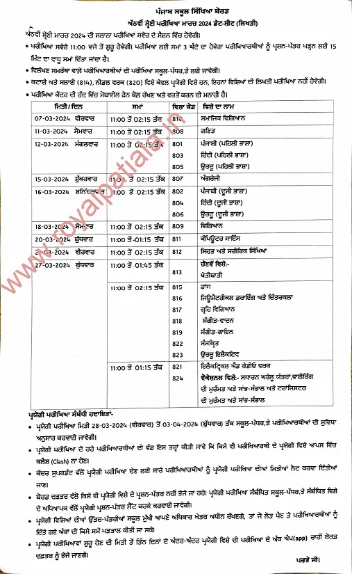 PSEB releases 5,8,10,12th board exams date sheet