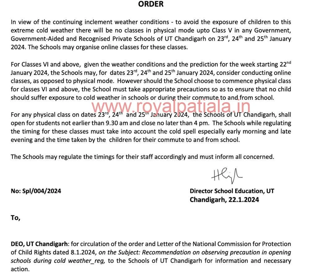 School holidays extended by Chandigarh administration