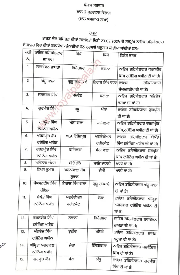 41 Naib Tehsildars transferred in Punjab