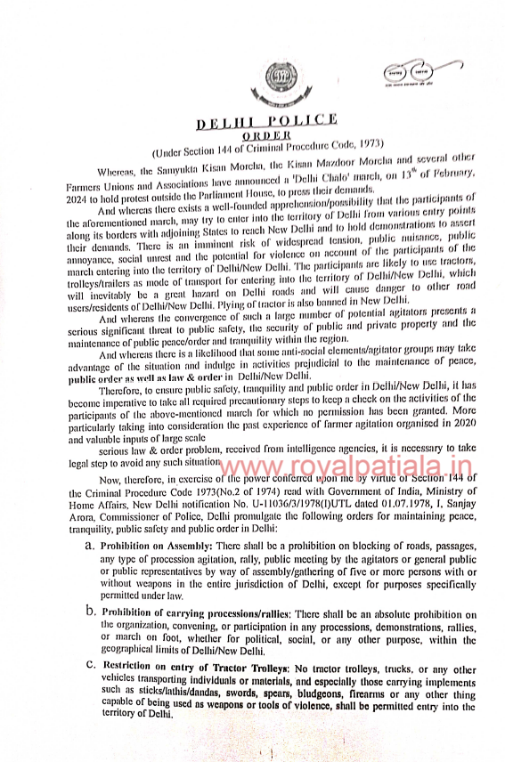 Precautionary order of section 144 Criminal Procedure Code issued by Delhi police