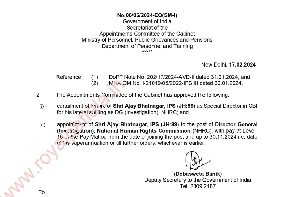 IPS Transfer: CBI’s Special Director appointed as National Human Rights Commission’s DG (Investigation)  