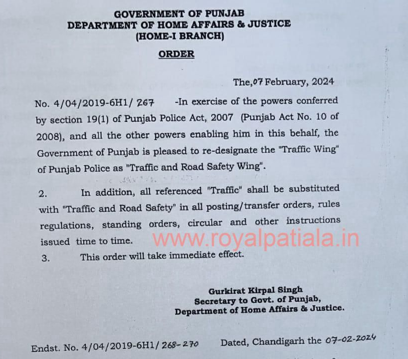 Punjab govt re-designate ‘Traffic Wing’ of Punjab police; secy issues order 