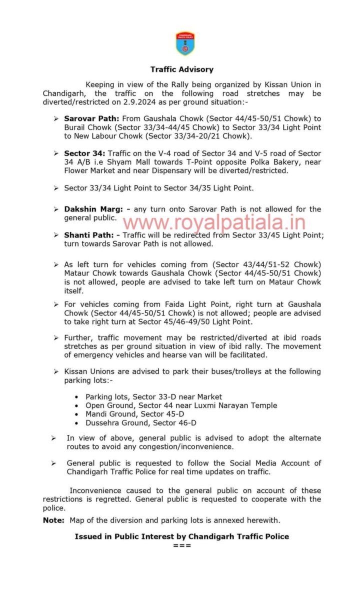 Chandigarh Police issues traffic diversion route due to today’s Kisan rally in city beautiful 