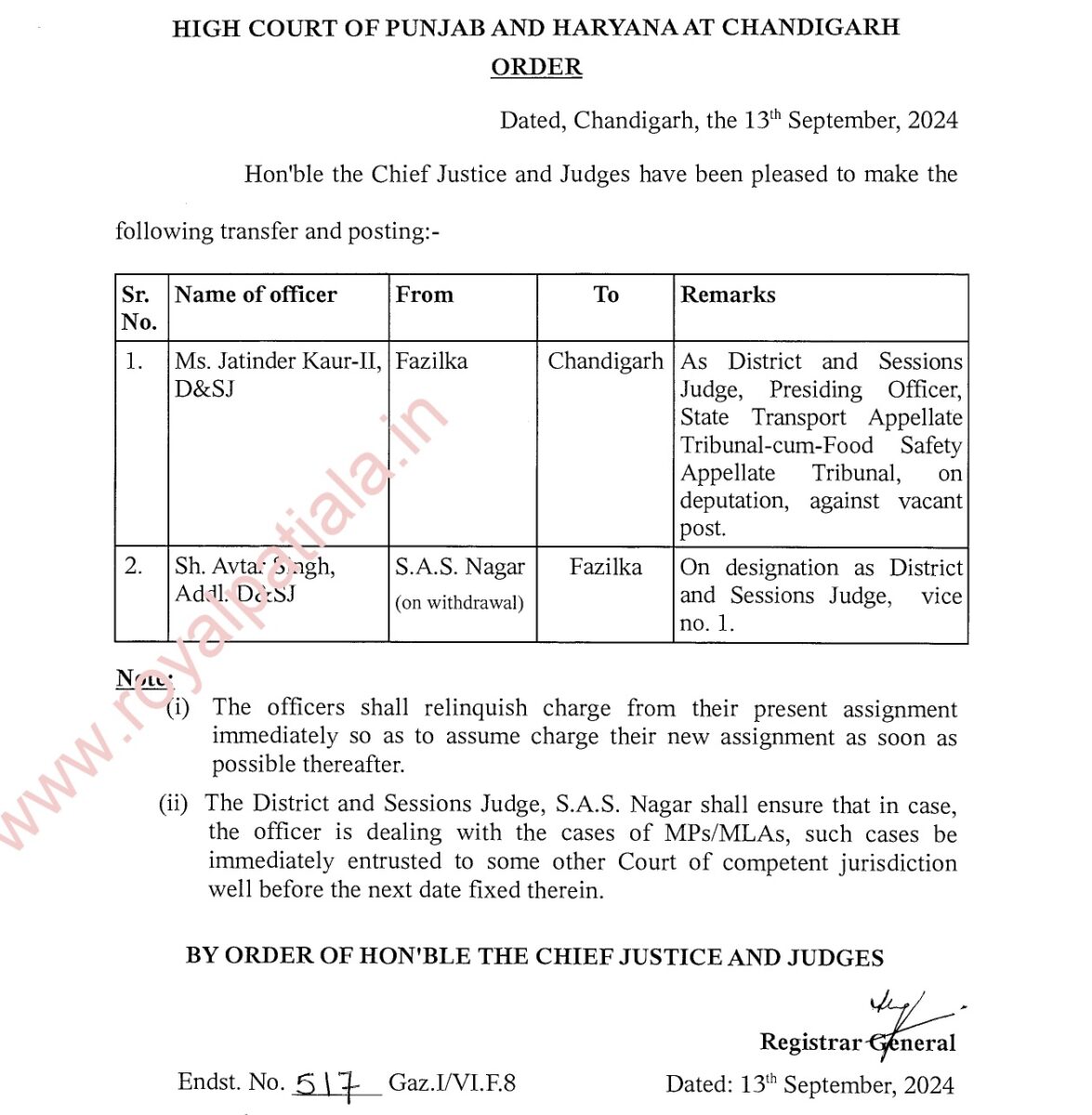 Two D&SJ transferred in Punjab; State Transport Appellate Tribunal-cum-Food Safety Appellate Tribunal gets new D&SJ