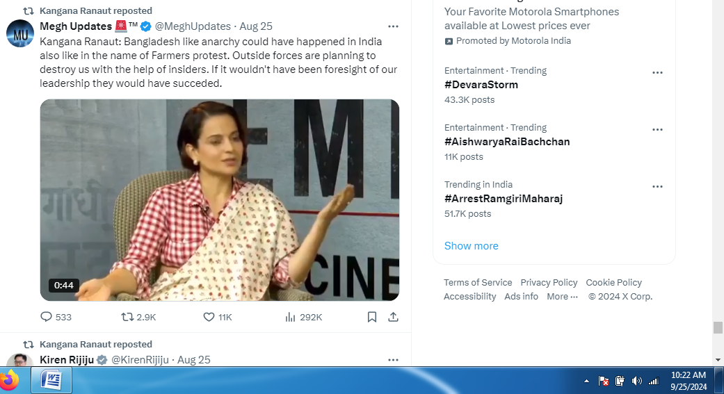 For second time in one month BJP distances itself from Kangana Ranaut's controversial remarks; previous video still on her X account 