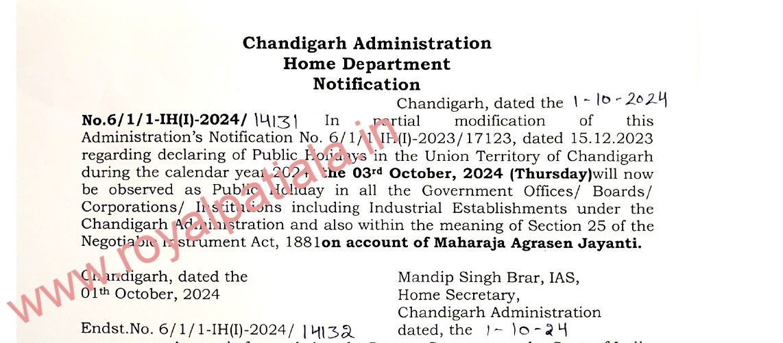 Chandigarh administration announces holiday under negotiable instrument act 