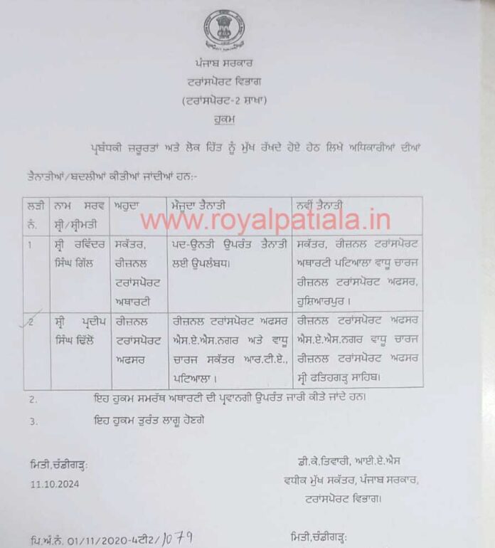 Transport Department Transfers: 2 officers transferred; Patiala gets regular Secy RTA after many years