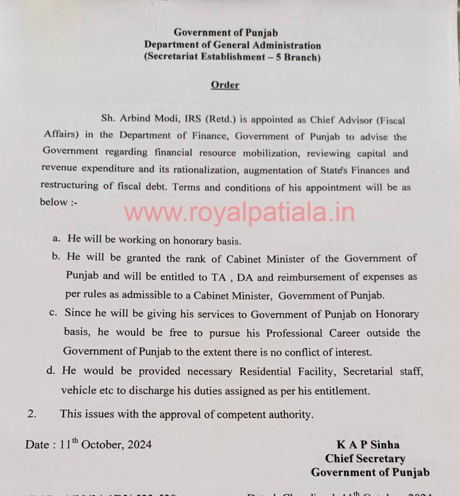 Renowned and experienced former CBDT member appointed as Punjab Govt’s Chief Advisor; granted Cabinet Minister Rank