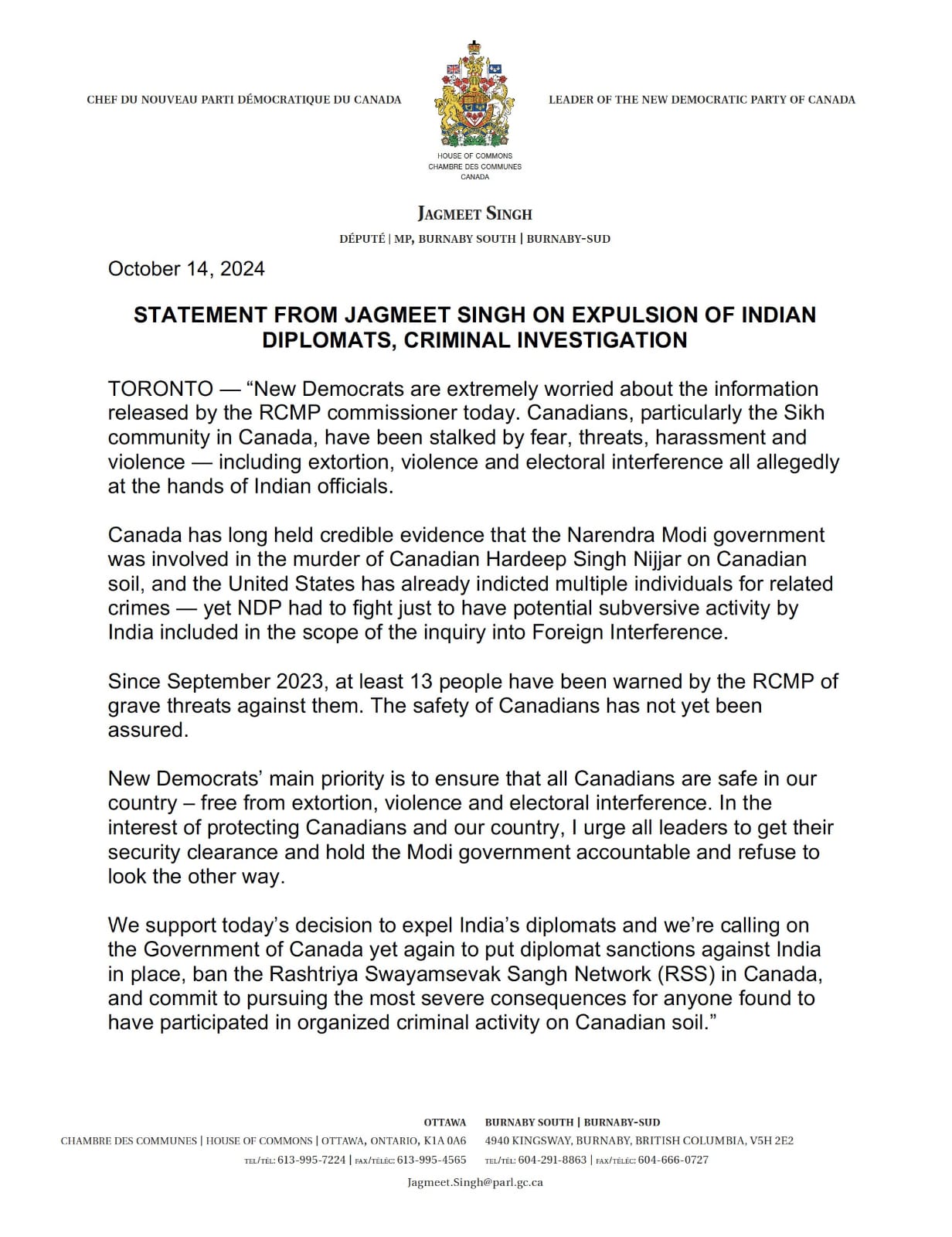 Canada-India row: Canadian leader urges Government of Canada to ban RSS, put diplomatic sanctions against India